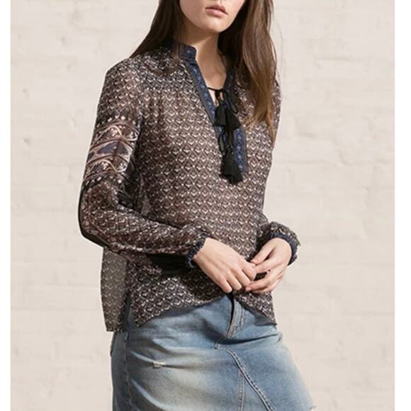 Ulla Johnson Amala Print Silk Double Tassel Sheer Peasant Top Size 0 - Picture 2 of 14